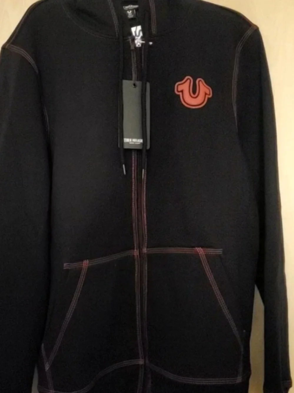 True Religion Jet Black Zip Hoodie with Red Trim, Size S